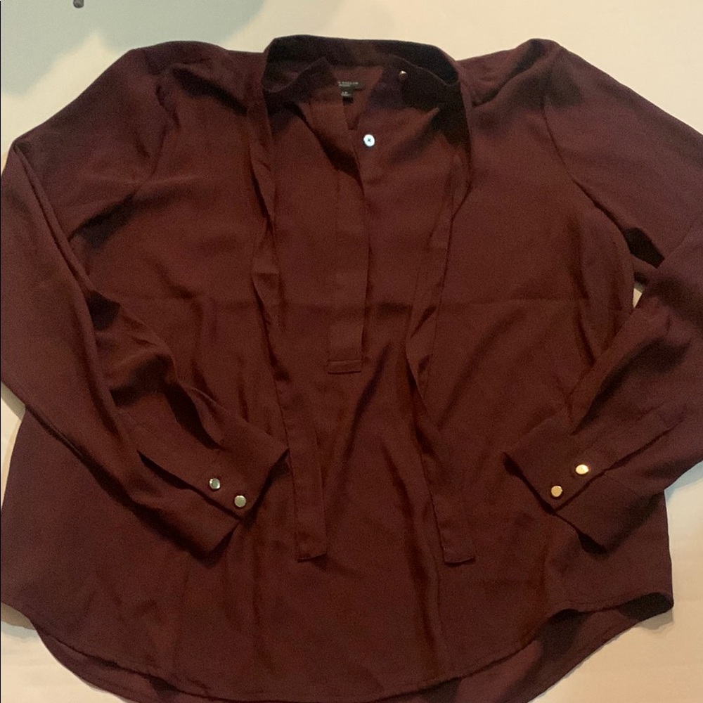 Ann Taylor Burgundy Long Sleeve Blouse with Tie Neck